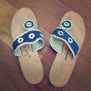 Blue and silver Jack Rogers flip flops.